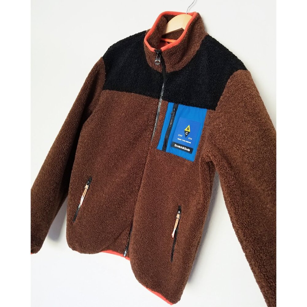 Scotch & Soda Zip-Up Color Block Teddy Fleece Jacket Brown Black Men's M $195 - Picture 9 of 16